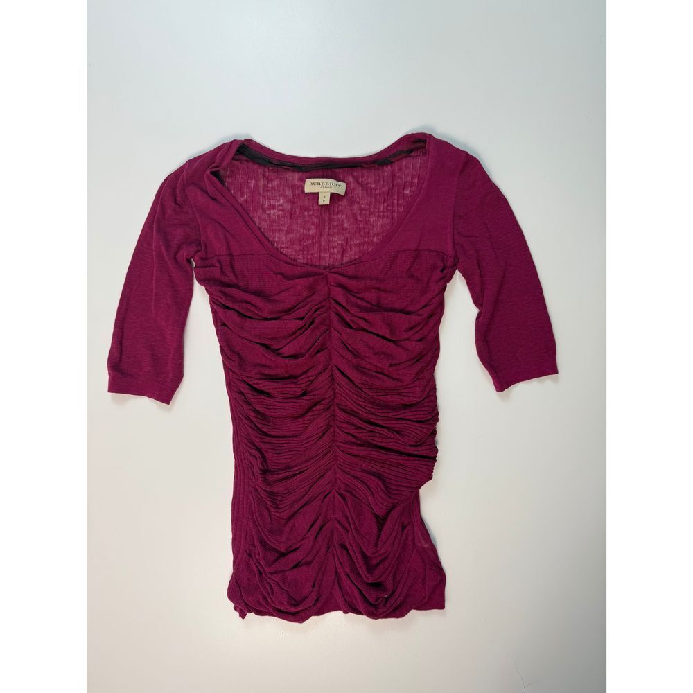 Burberry London Burgundy Ruched 3/4 Sleeve Fitted Top Size Small